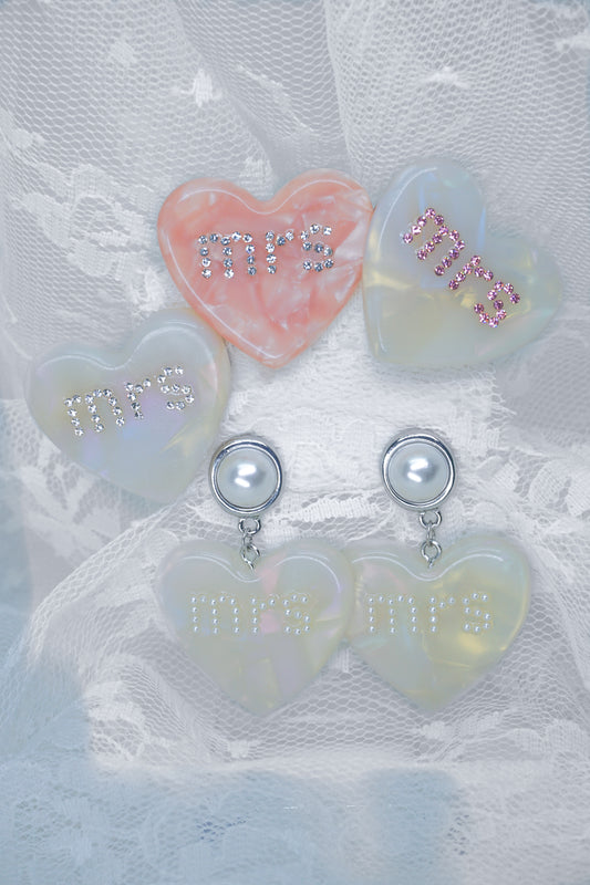 Mrs Mother of Pearl Heart Earrings & Complete Hair Clip Set