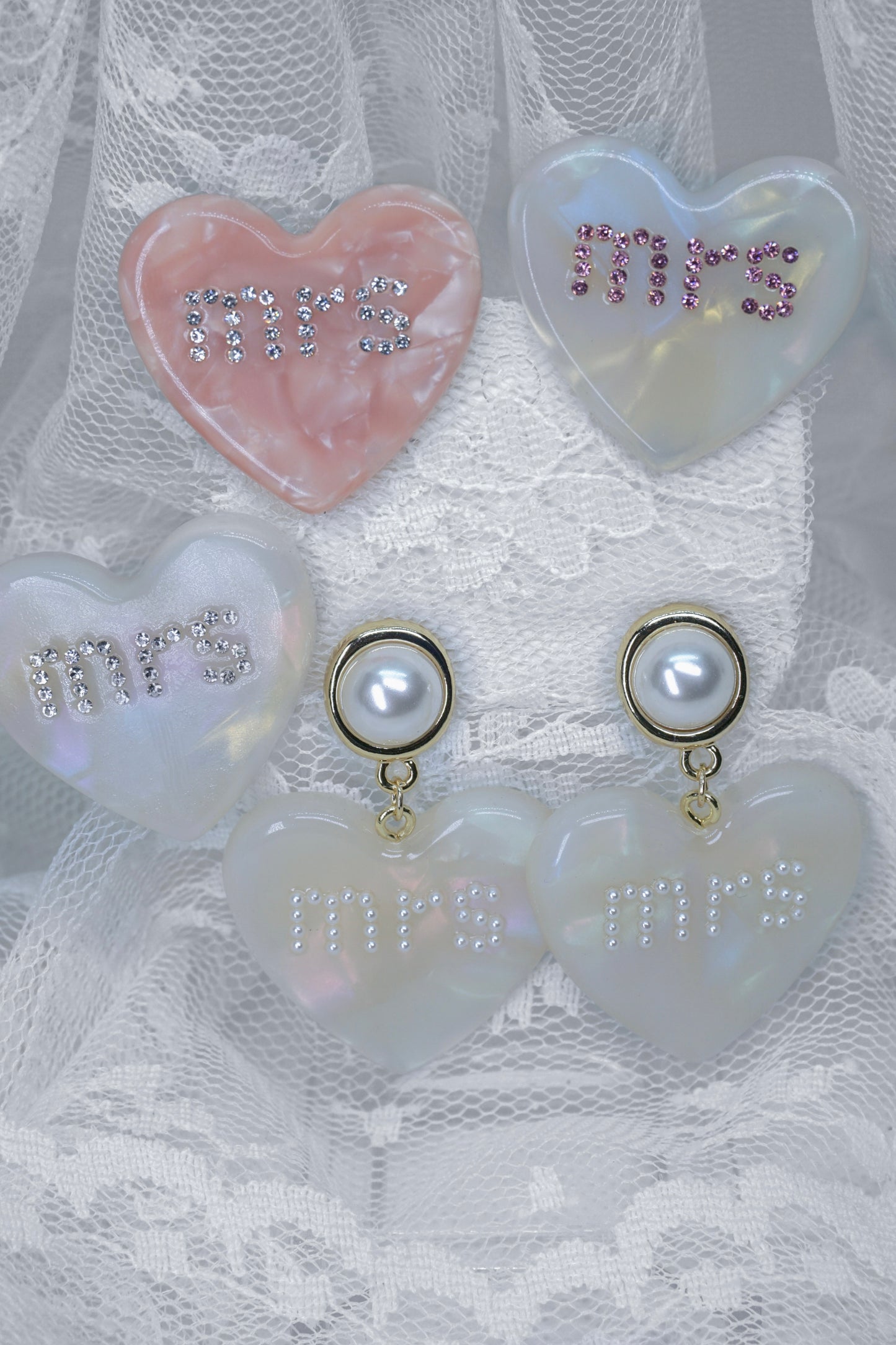 Mrs Mother of Pearl Heart Earrings & Complete Hair Clip Set